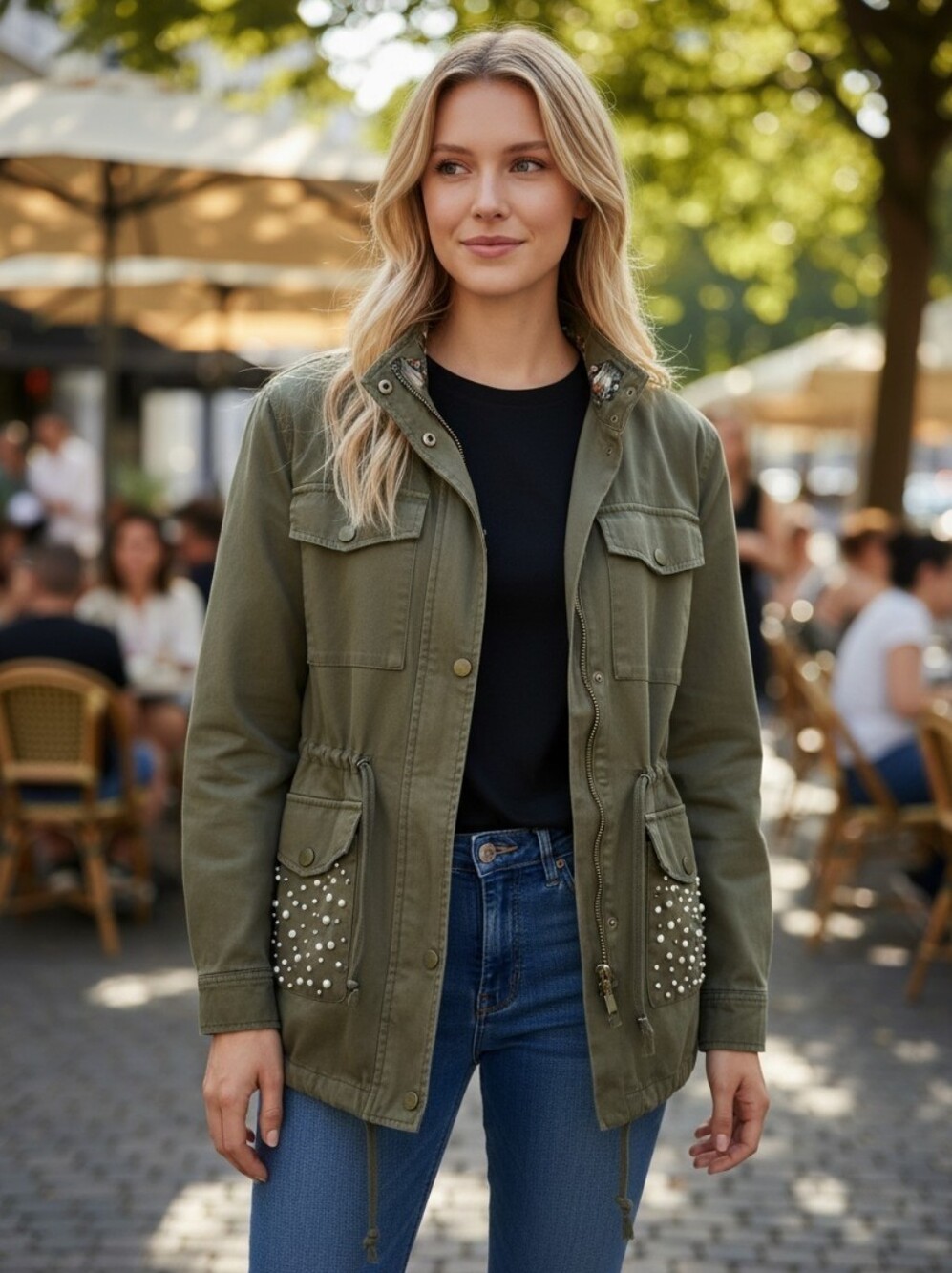 CALI 1850 Military Zara fatigue olive green oversize pearl detail jacket…